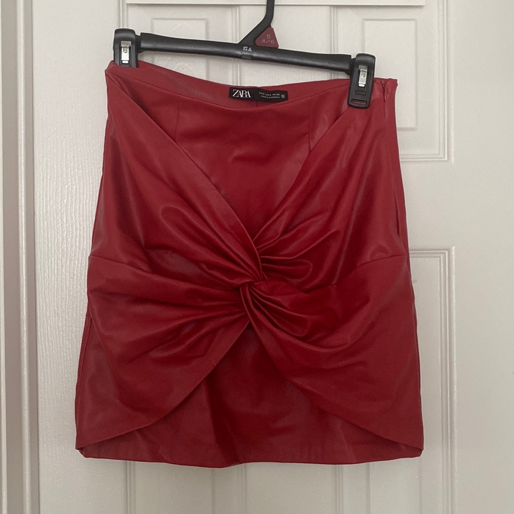 Zara Red Faux Leather Knot-Front Mini Skirt